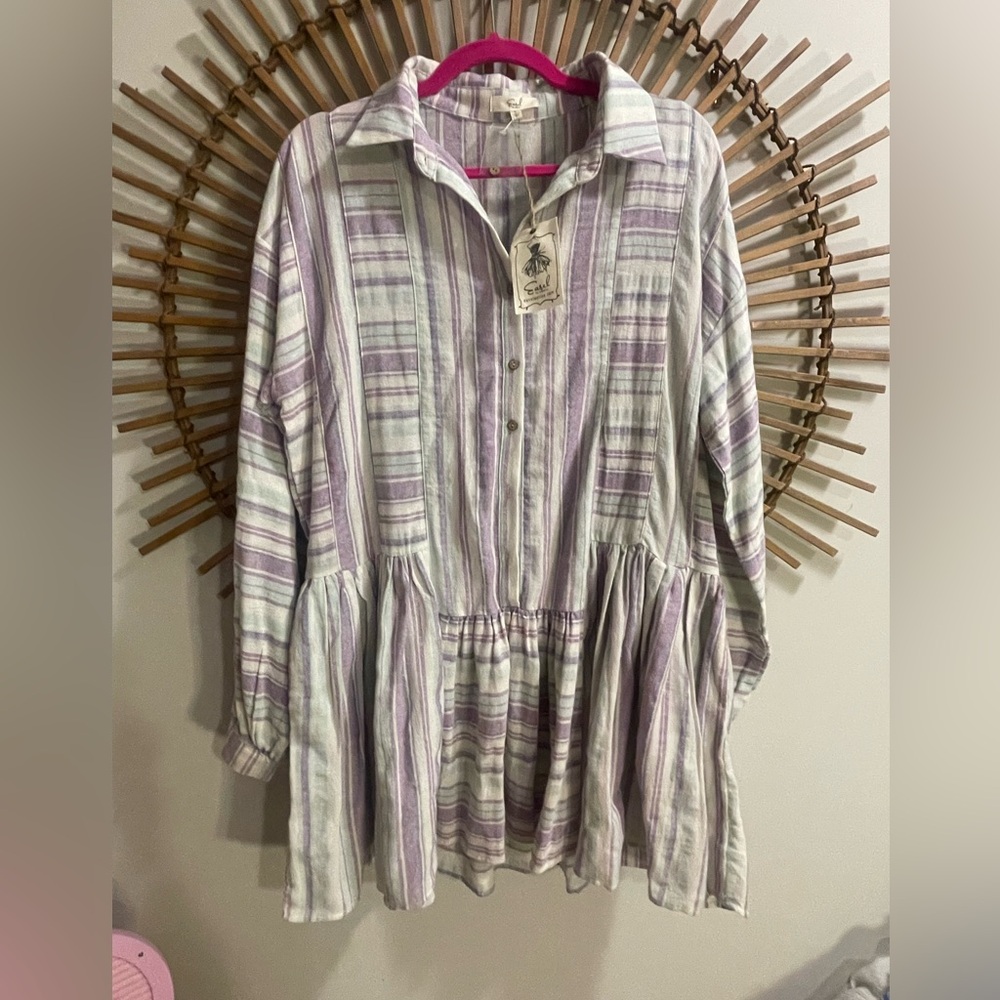 Easel Long Sleeve Linen Blend Purple White Button Up Tunic Dress Boho Beach - Picture 3 of 16